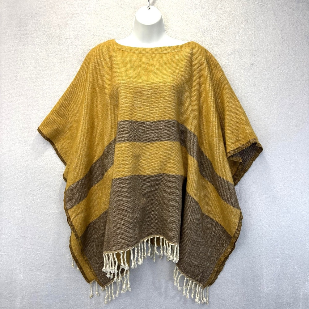 Coldwater Creek Oversized Poncho Cape Sweater One Size Tan Striped Tasseled